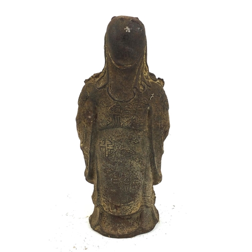 475 - Oriental cast metal figure of an elder holding a child, 29cm high