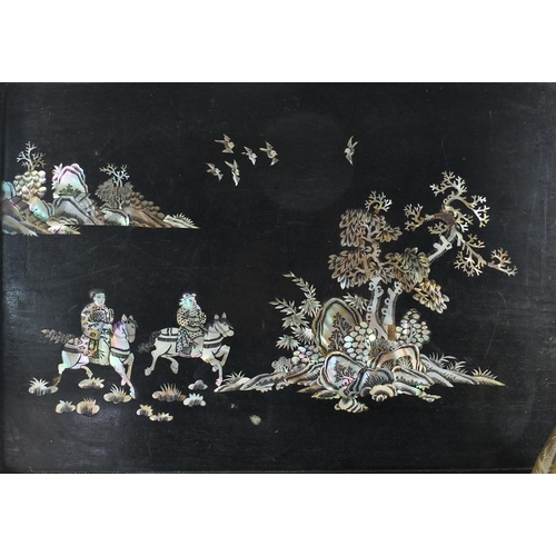 484 - Ebonised Mother of Pearl inlaid tray and a Middle Eastern bronze paperweight, the tray 42cm long