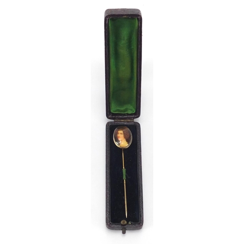 283 - 9ct gold and porcelain portrait tie pin, 7cm in length