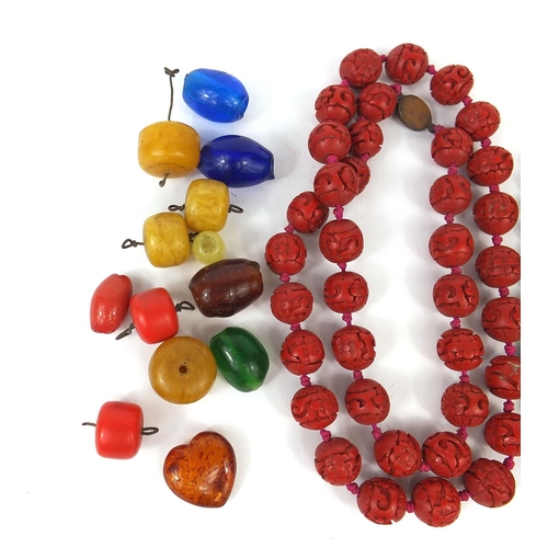 287 - Collection of beaded necklaces including an Oriental lacquered example, jadeite examples etc