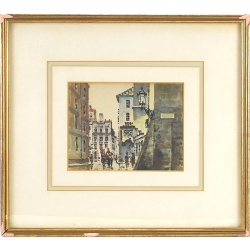 317 - Figures in a street, watercolour, mounted and framed, 14.5cm x 10.5cm