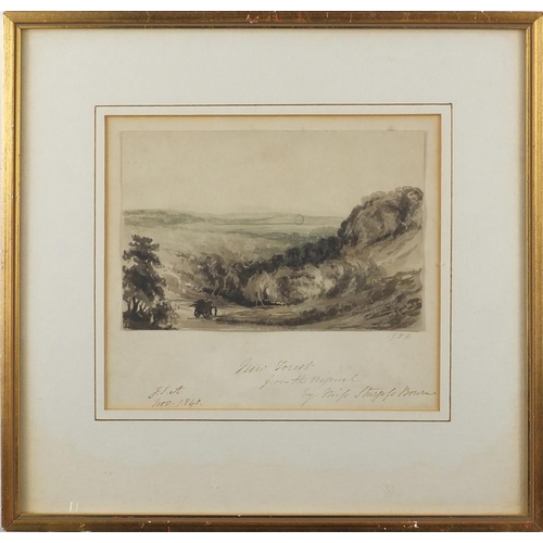 325 - New Forest landscape, 19th century watercolour wash, bearing a monogram TJA and inscribed New Forest... 