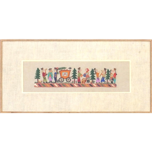 376 - Tapestry view of Indians giving and receiving gifts, mounted and famed, 37cm x 11cm excluding the mo... 