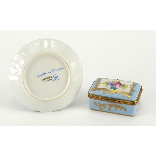 400 - Limoges porcelain trinket box and pin dish, both hand painted with flowers, the dish 3.5cm in diamet... 