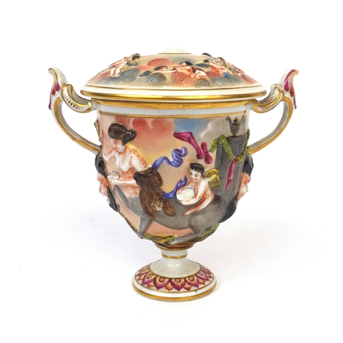 408 - Naples twin handled urn and cover hand painted and decorated in relief with classical figures, facto... 