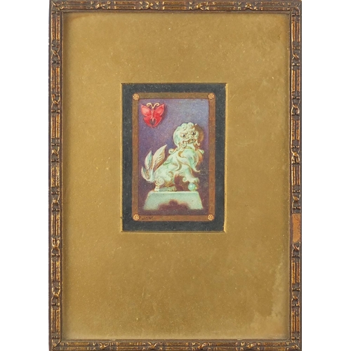 555 - Chinese Foo Dog, watercolour, bearing a monogram J R W, mounted and framed, 10cm x 7cm