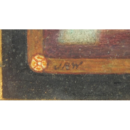 555 - Chinese Foo Dog, watercolour, bearing a monogram J R W, mounted and framed, 10cm x 7cm