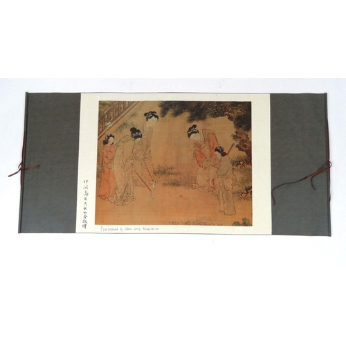 594 - Three Oriental scrolls decorated with script and figures