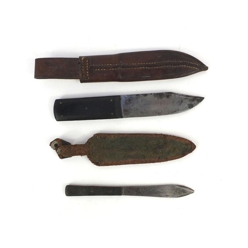 705 - W.Thornhill & Co stainless steel bladed knife with ebony handle and leather sheaf and one other, the... 