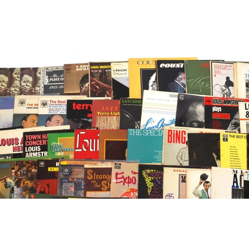 204 - Jazz vinyl LP records including Louis Armstrong, Count Basie, Kenny Ball and George Shearing example... 