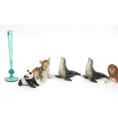 463 - Four Russian china USSR animals, set of six Babycham glasses, four figures and a porcelain lion