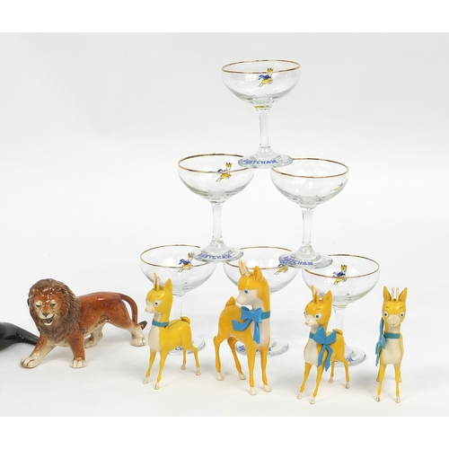 463 - Four Russian china USSR animals, set of six Babycham glasses, four figures and a porcelain lion