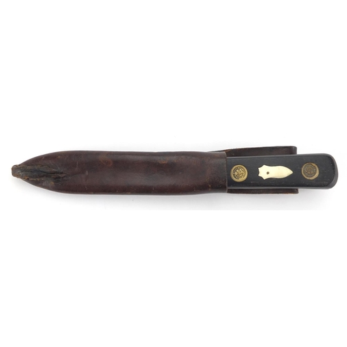 99 - 19th century green river knife with leather sheath, by M C Long & Co of Sheffield, 25cm in length