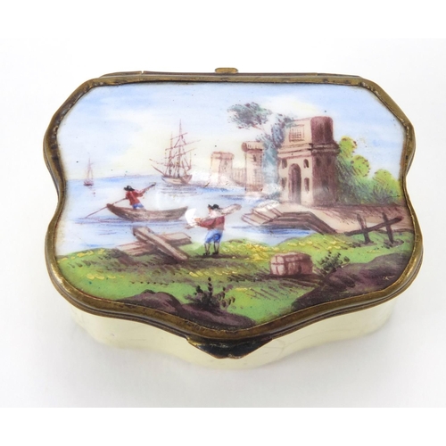 44 - Antique shaped enamel patch box hand painted with continental figures and boats, 2.9cm H x 5cm W x 4... 