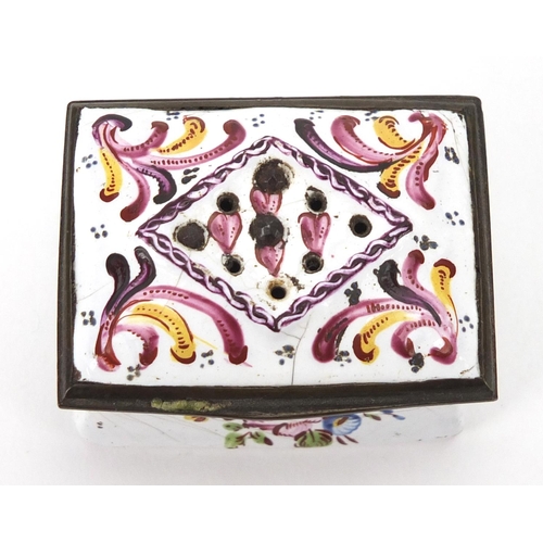 45 - Antique rectangular enamel patch box hand painted with flowers, 3cm H x 4.6cm W x 3.5cm D