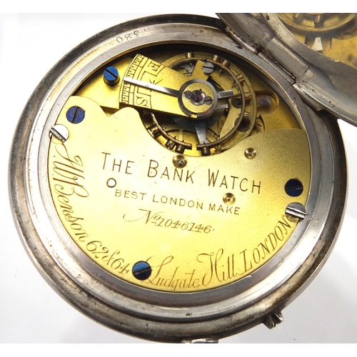 832 - Silver and enamel half hunter pocket watch by J W Benson of London, with silver watch chain