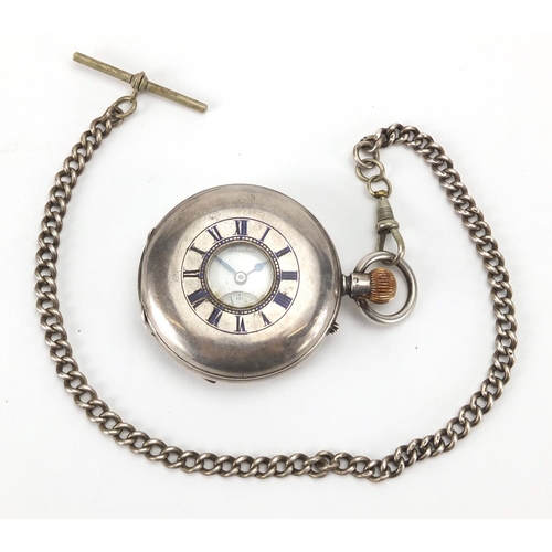 832 - Silver and enamel half hunter pocket watch by J W Benson of London, with silver watch chain