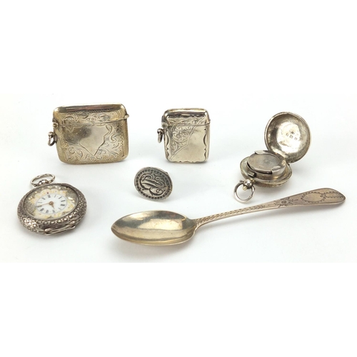 662 - Georgian and later silver objects including Intaglio seal fob by Hester Bateman, sovereign case, two... 