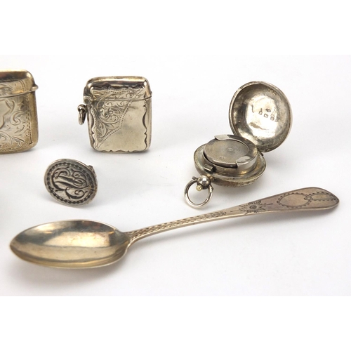 662 - Georgian and later silver objects including Intaglio seal fob by Hester Bateman, sovereign case, two... 