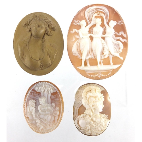 772 - Three cameo panels including three Graces and a lava maiden head panel, the largest 5cm in length