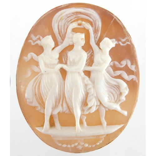 772 - Three cameo panels including three Graces and a lava maiden head panel, the largest 5cm in length