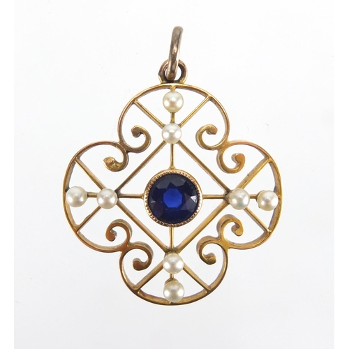 744 - 9ct gold Sapphire and Seed Pearl pendant, 3cm in length, approximate weight 3.4g