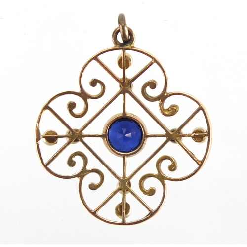 744 - 9ct gold Sapphire and Seed Pearl pendant, 3cm in length, approximate weight 3.4g