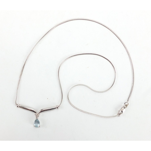 689 - 9ct white gold tear drop Aquamarine and Diamond necklace, with matching earrings, the necklace 42cm ... 