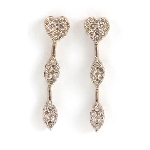 686 - Pair of unmarked gold Diamond love heart drop earrings, 3cm in length, approximate weight 3.4g