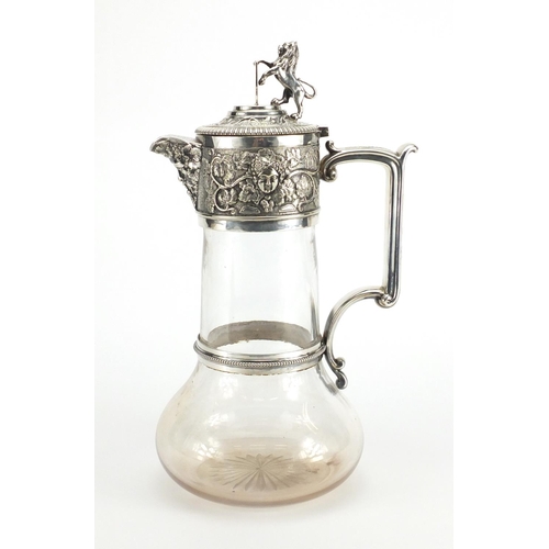 675 - Victorian glass claret jug with silver plated mounts by Elkington & Co, the mounts with lion finial ... 