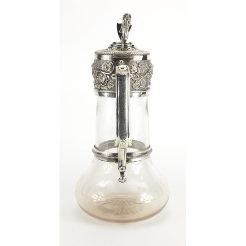 675 - Victorian glass claret jug with silver plated mounts by Elkington & Co, the mounts with lion finial ... 