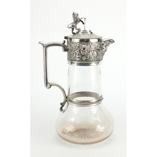 675 - Victorian glass claret jug with silver plated mounts by Elkington & Co, the mounts with lion finial ... 