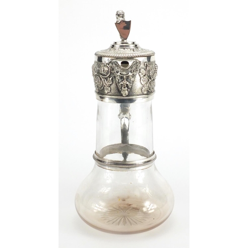 675 - Victorian glass claret jug with silver plated mounts by Elkington & Co, the mounts with lion finial ... 