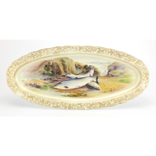 521 - Victorian Royal Worcester porcelain salmon platter, hand painted by E Salter of salmon and a fisherm... 