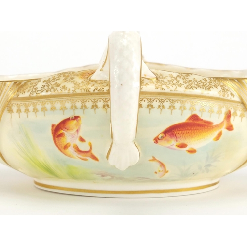 522 - Victorian Royal Worcester porcelain sauce boat on stand, with twin dolphin handles hand painted by E... 