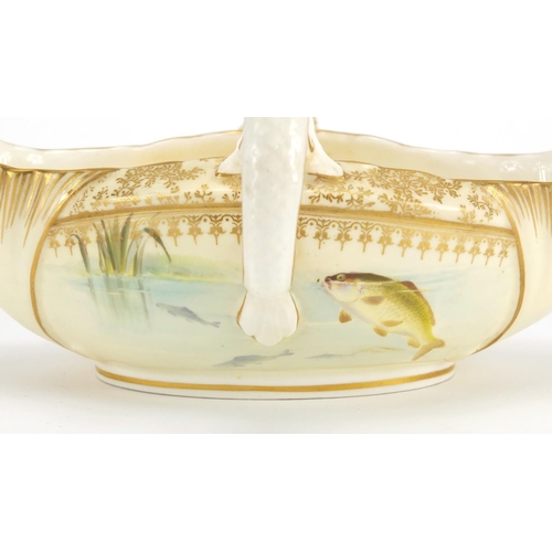 522 - Victorian Royal Worcester porcelain sauce boat on stand, with twin dolphin handles hand painted by E... 