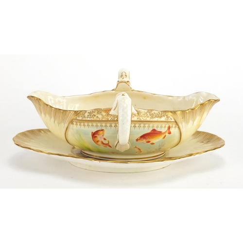 522 - Victorian Royal Worcester porcelain sauce boat on stand, with twin dolphin handles hand painted by E... 