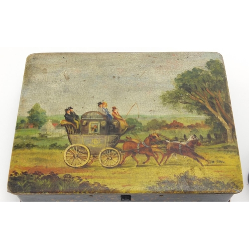 16 - Three 19th century papier-mâché boxes, one snuff, each lid hand painted with a stagecoach scene, hun... 