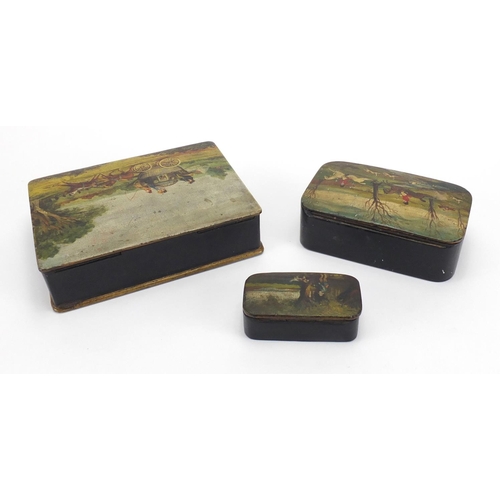 16 - Three 19th century papier-mâché boxes, one snuff, each lid hand painted with a stagecoach scene, hun... 