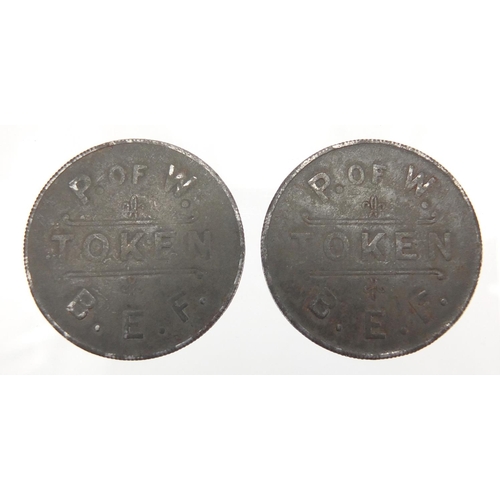 238 - Two Prisoner of War British Expeditionary Force zinc tokens, each 3.1cm in diameter