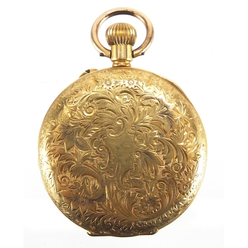 850 - Ladies 18ct gold pocket watch with floral chased decoration, 3cm in diameter, approximate weight 23.... 