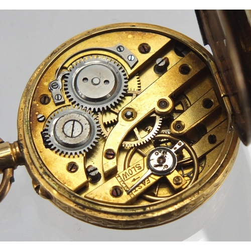 850 - Ladies 18ct gold pocket watch with floral chased decoration, 3cm in diameter, approximate weight 23.... 