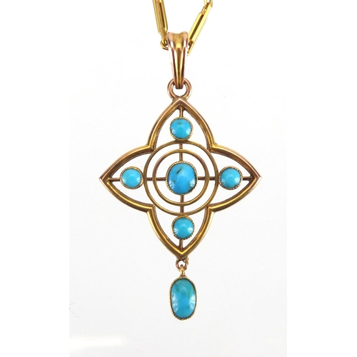 731 - Art Nouveau 9ct gold turquoise pendant on a gold coloured metal necklace, the pendant stamped B.H.J,... 