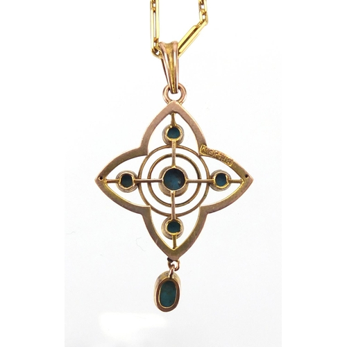 731 - Art Nouveau 9ct gold turquoise pendant on a gold coloured metal necklace, the pendant stamped B.H.J,... 