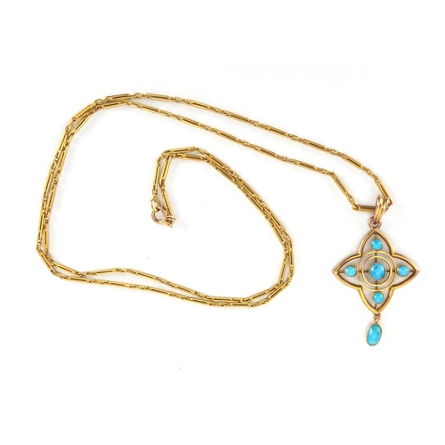 731 - Art Nouveau 9ct gold turquoise pendant on a gold coloured metal necklace, the pendant stamped B.H.J,... 