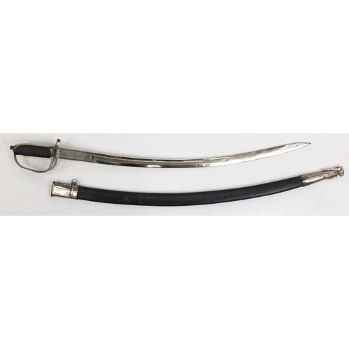 788 - Military style sword with steel blade and leather scabbard, 100cm in length