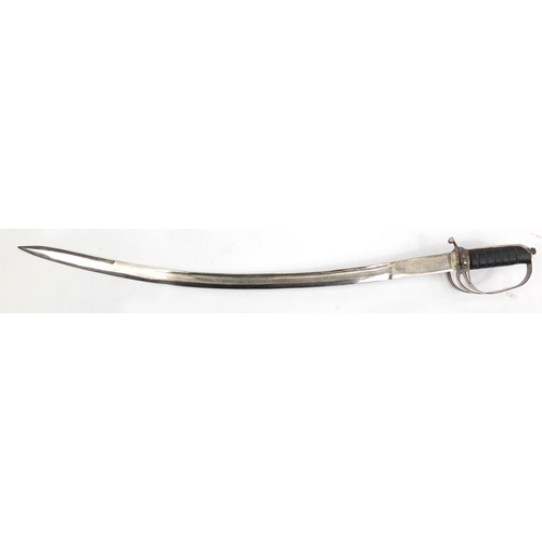 788 - Military style sword with steel blade and leather scabbard, 100cm in length