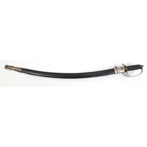 788 - Military style sword with steel blade and leather scabbard, 100cm in length