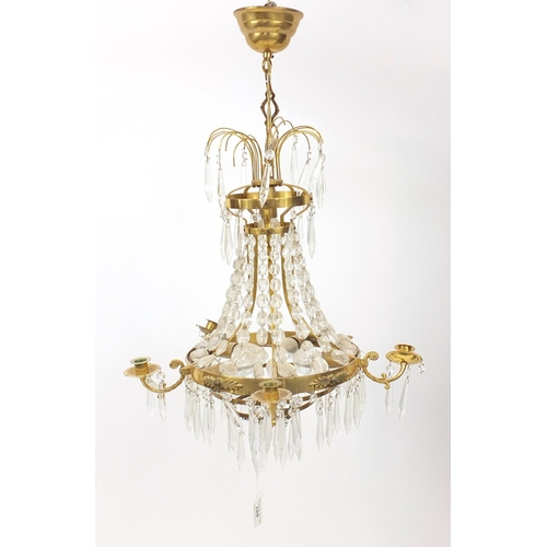 178 - Brass five branch chandelier with cut glass drops, 50cm high