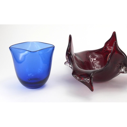 482 - Murano red glass bowl, a heavy blue glass vase and a stylish mottled blue glass pedestal bowl, the l... 